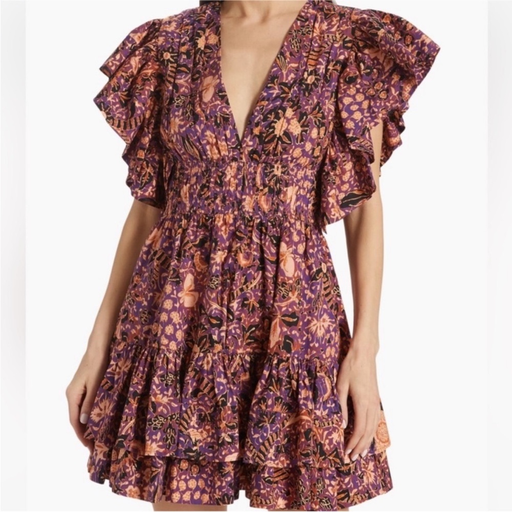 Ulla Johnson | Kiri Ruffled V-Neck Mini Dress | Black Currant | Size 4